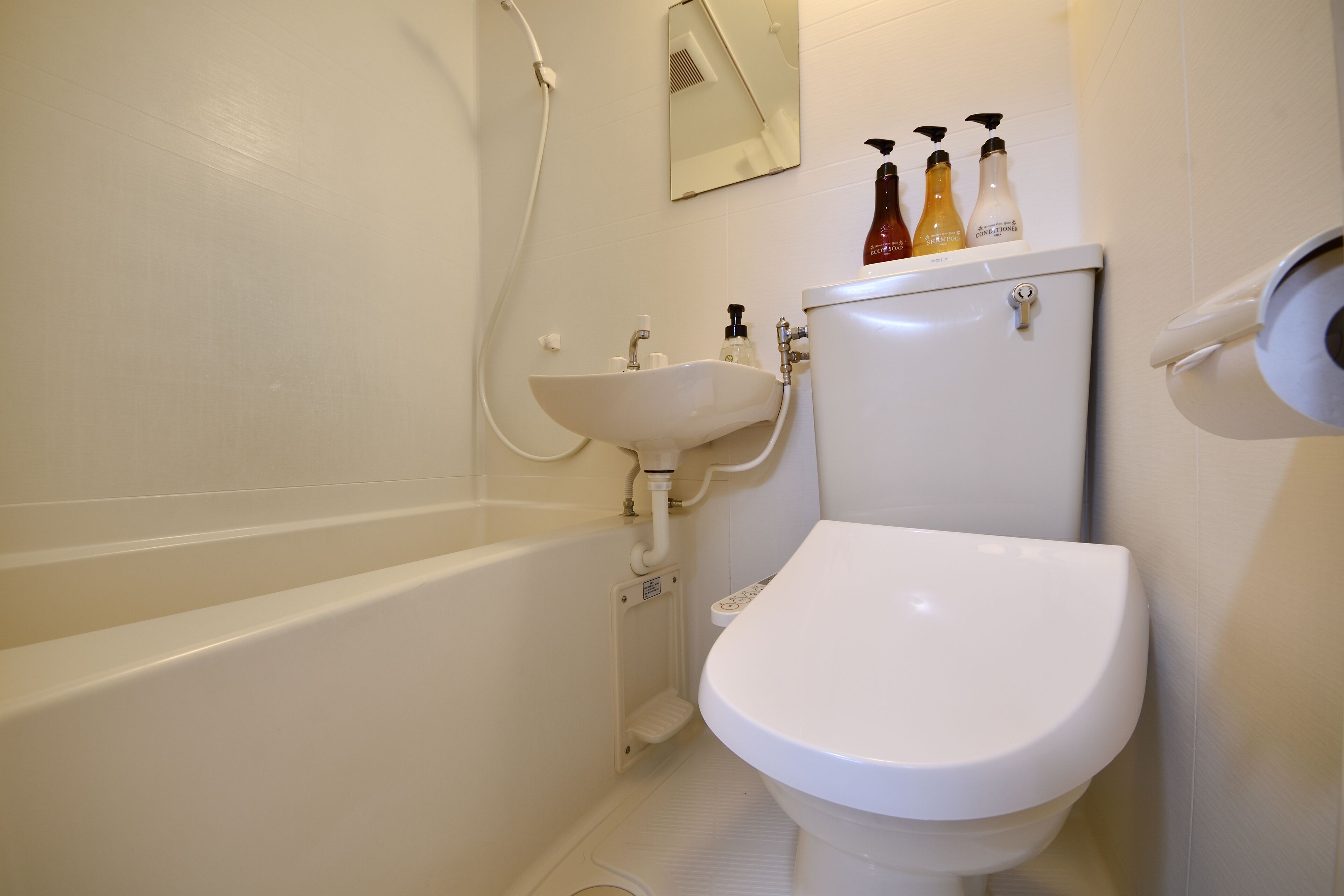 combined shower/bathtub, free toiletries, hair dryer, slippers