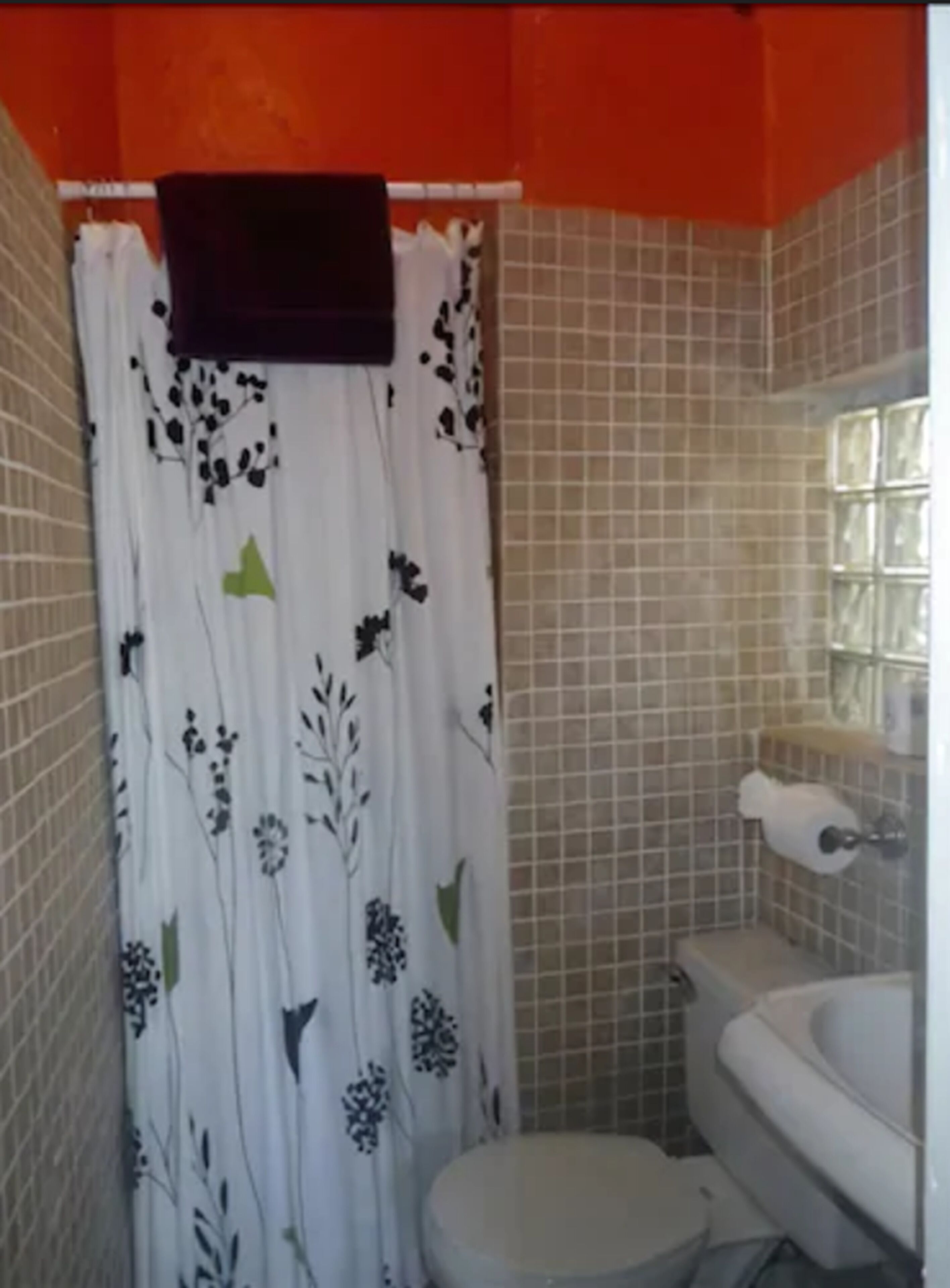A bathroom with a toilet, a sink, and a shower curtain with floral patterns.