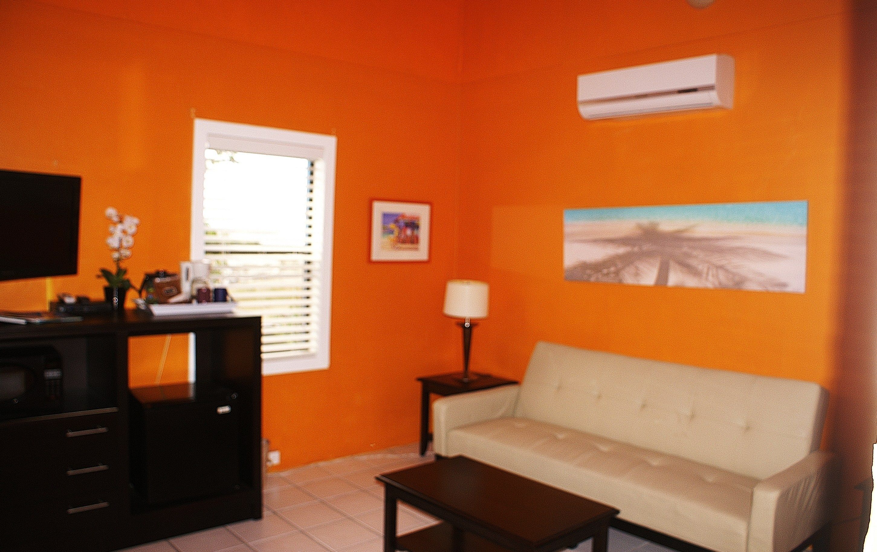 A living room with an orange wall, a sofa, a coffee table, a TV, a lamp, and a picture frame.