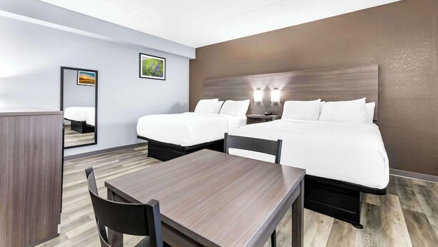 Een hotelkamer met twee bedden, een bureau en een stoel. Er hangt een spiegel aan de muur en een schilderij.