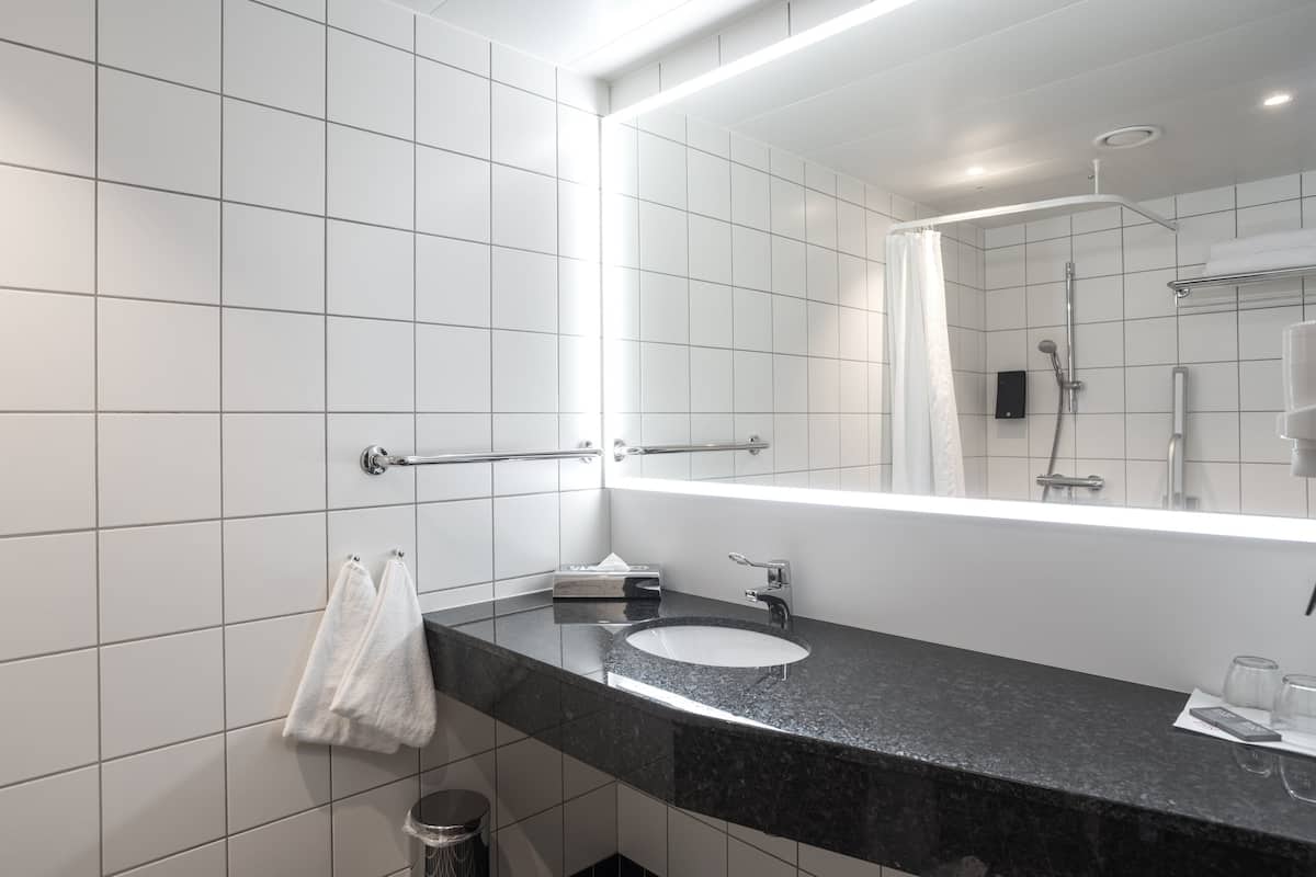 shower, eco-friendly toiletries, hair dryer, towels