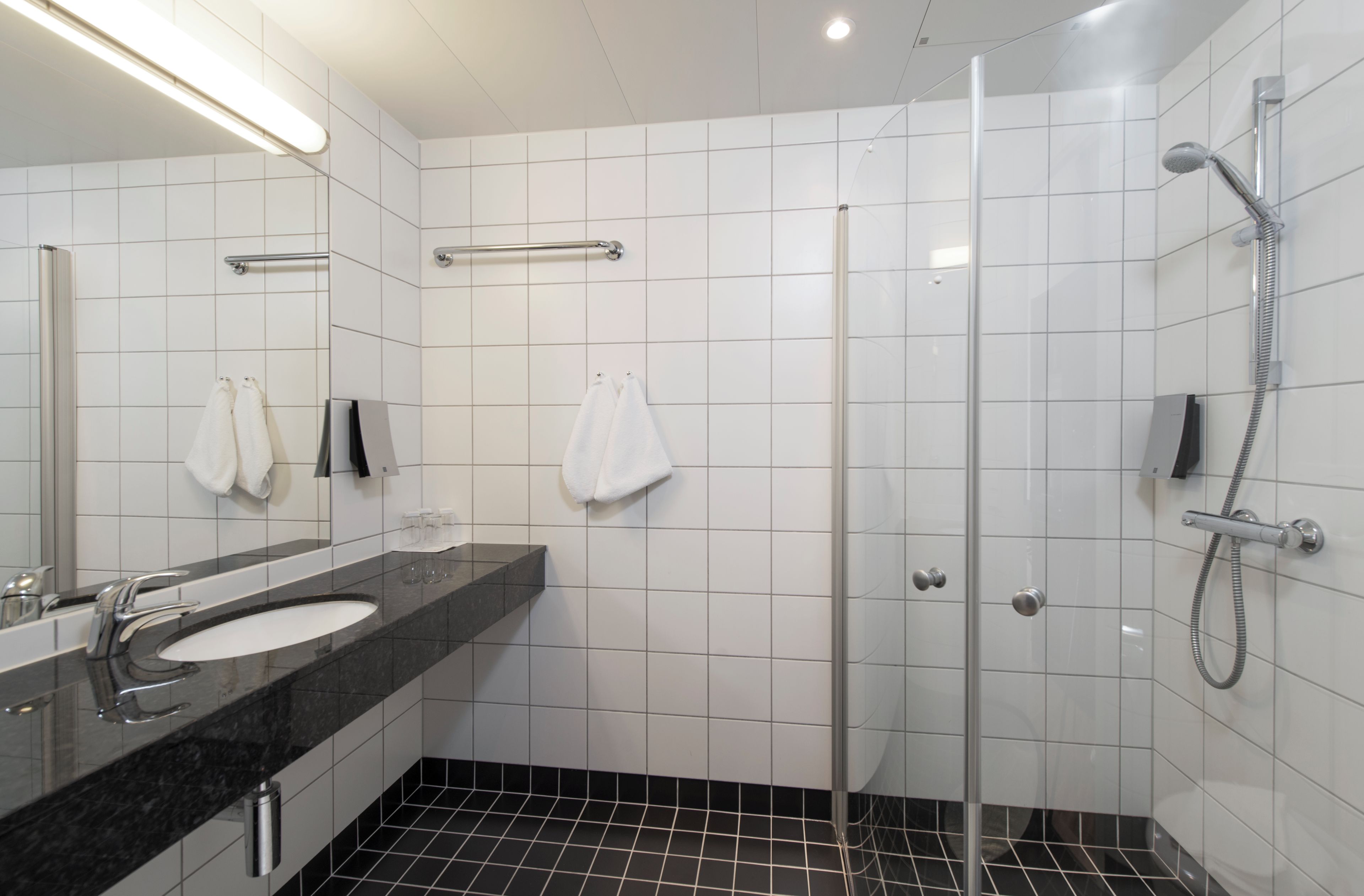 Un baño moderno con ducha envuelta en vidrio, un espejo grande y un lavabo con encimera negra.