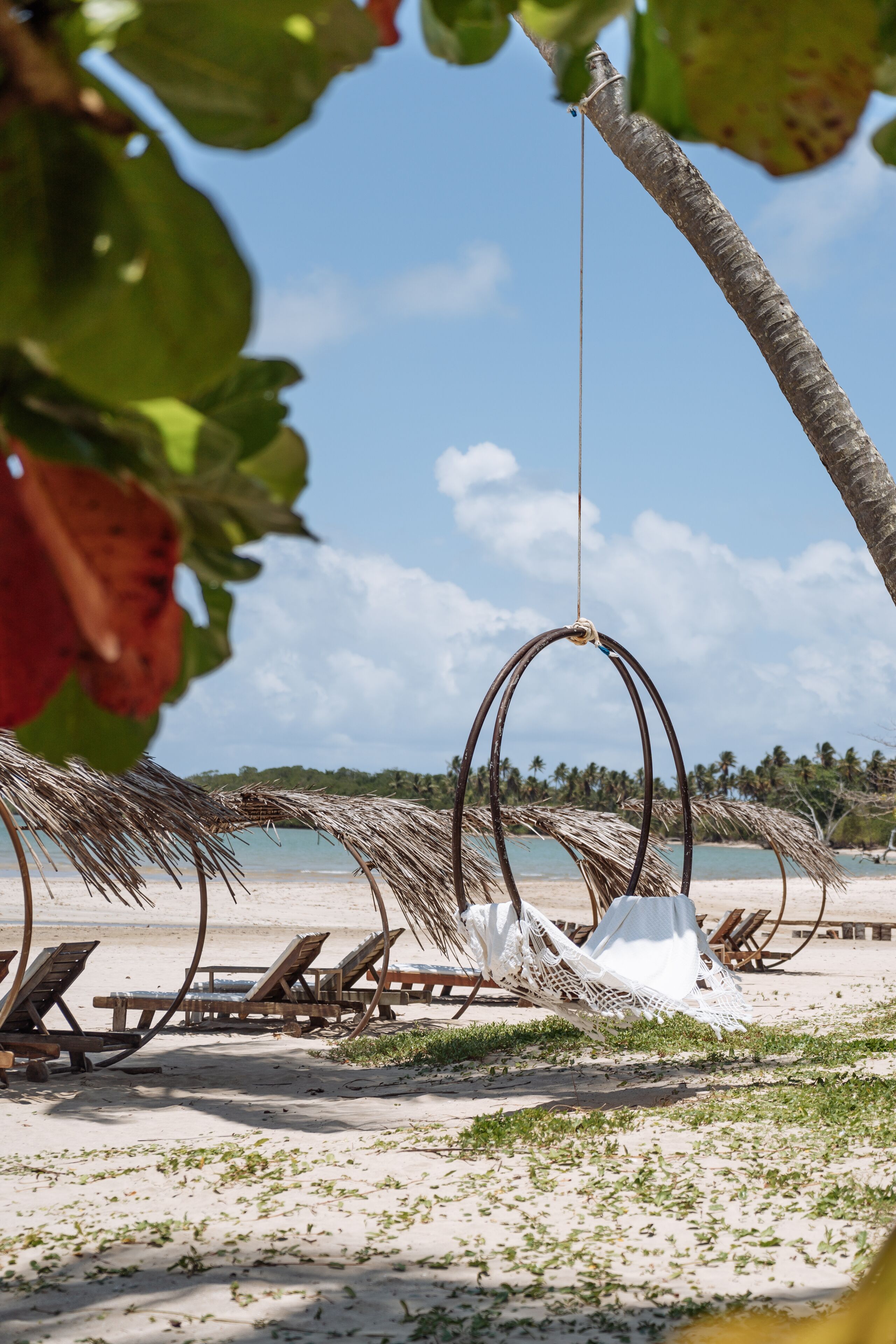 A beach with thatched umbrellas, wooden lounge chairs, and a hammock.