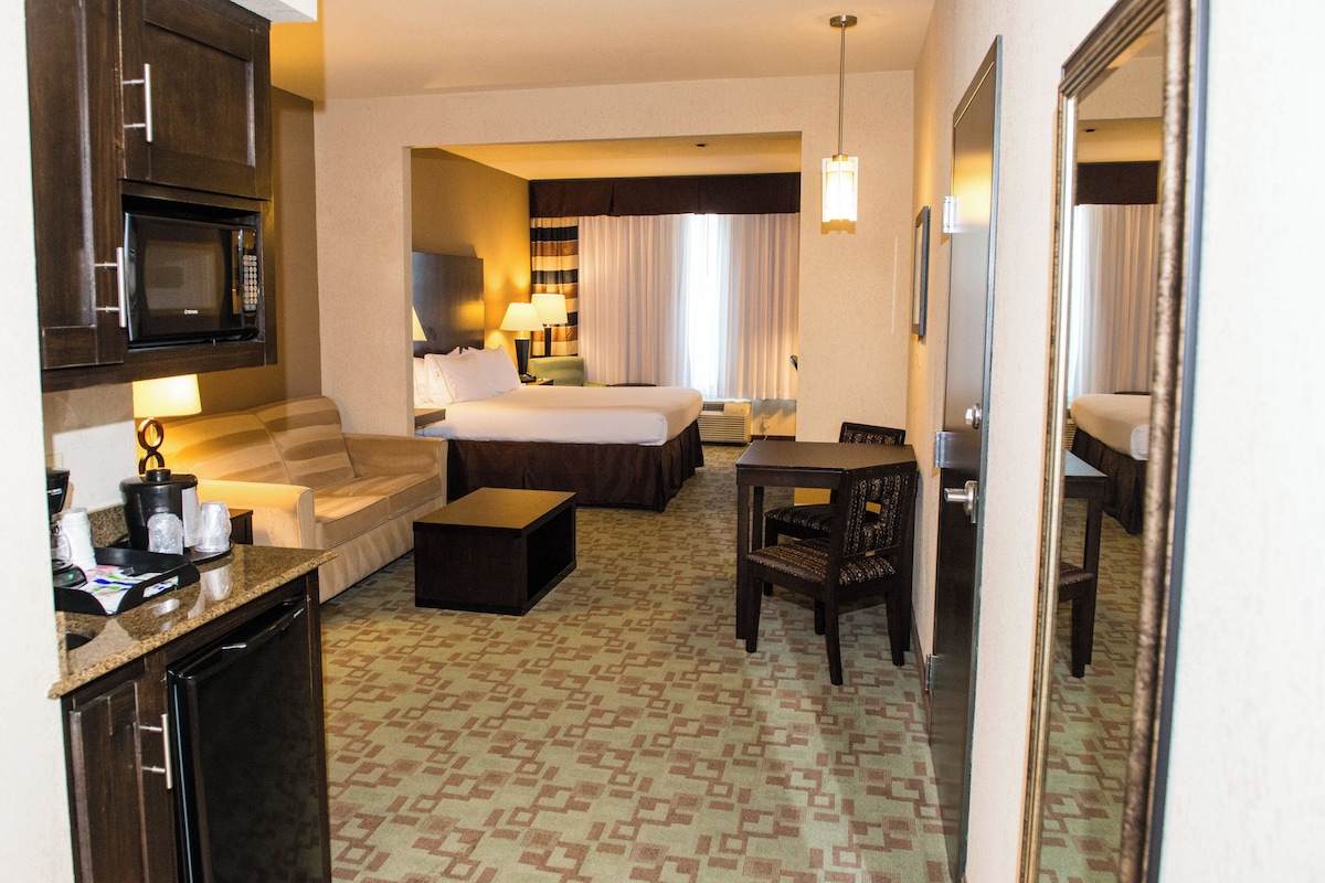 Habitación de hotel con cama, sofá, escritorio, silla, microondas, cafetera y televisión.