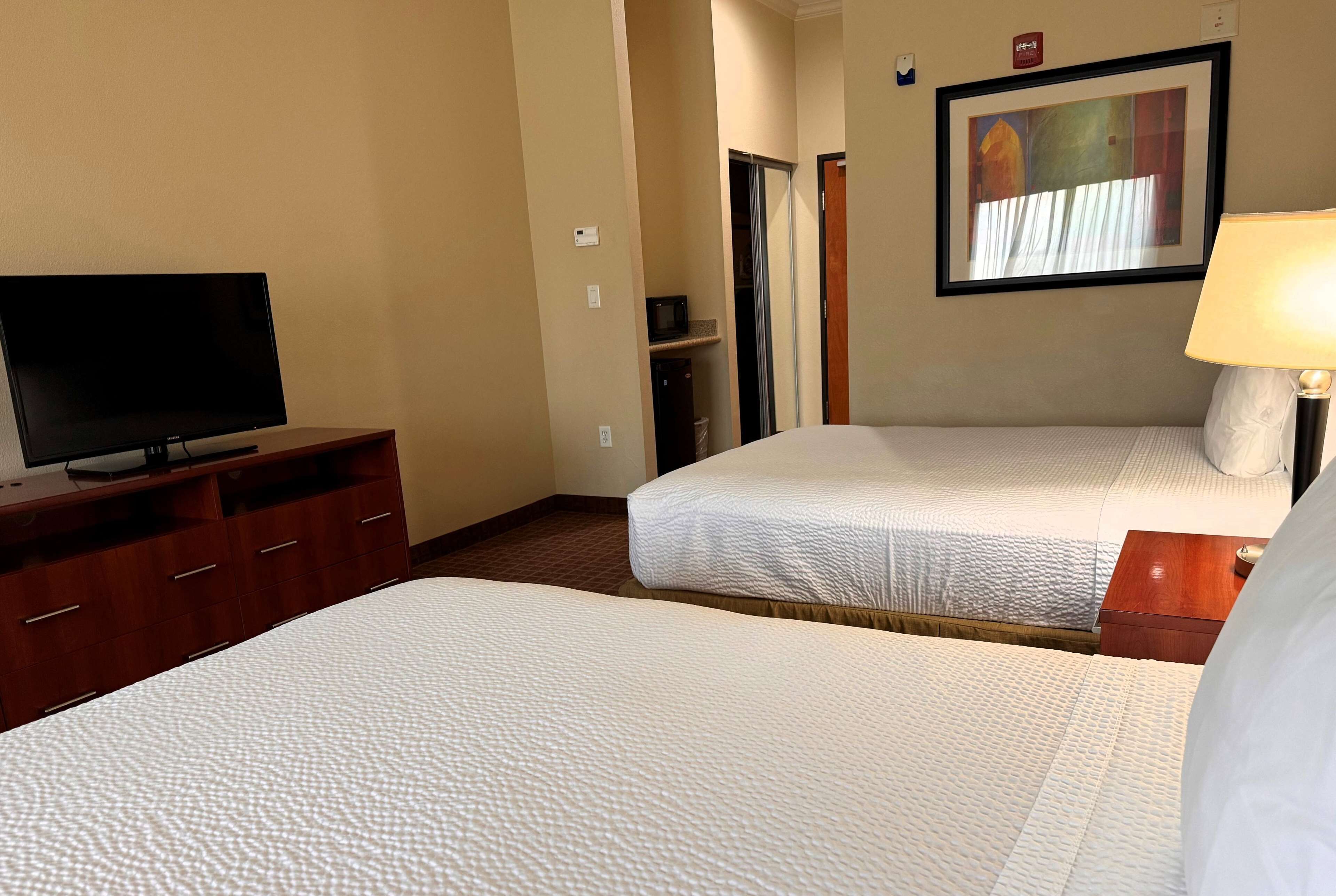 A hotel room with two beds, a television on a wooden dresser, a lamp, and a framed picture on the wall.