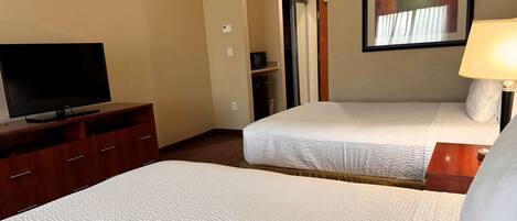 A hotel room with two beds, a television on a wooden dresser, a lamp, and a framed picture on the wall.