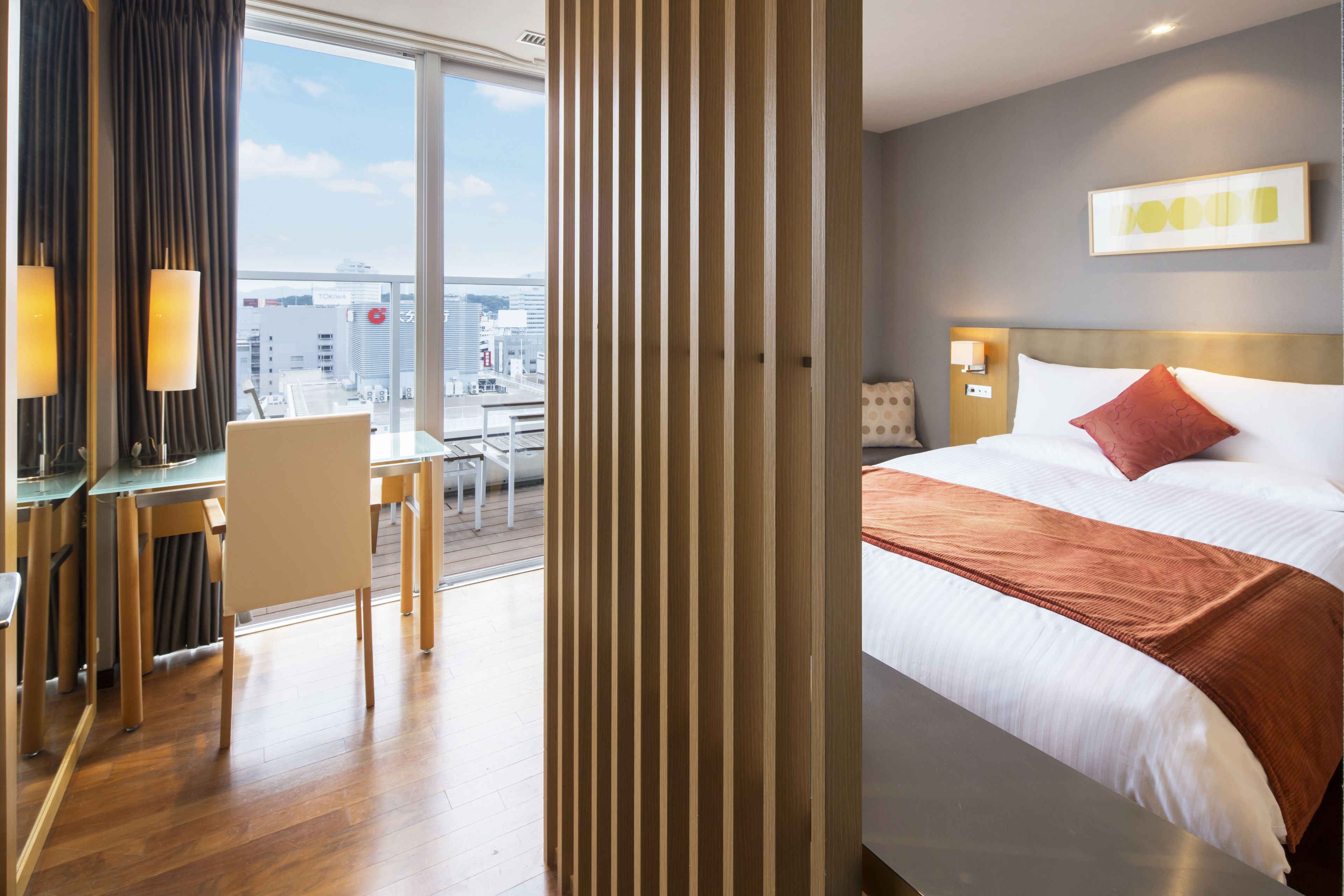 premium bedding, down duvets, memory-foam beds, desk