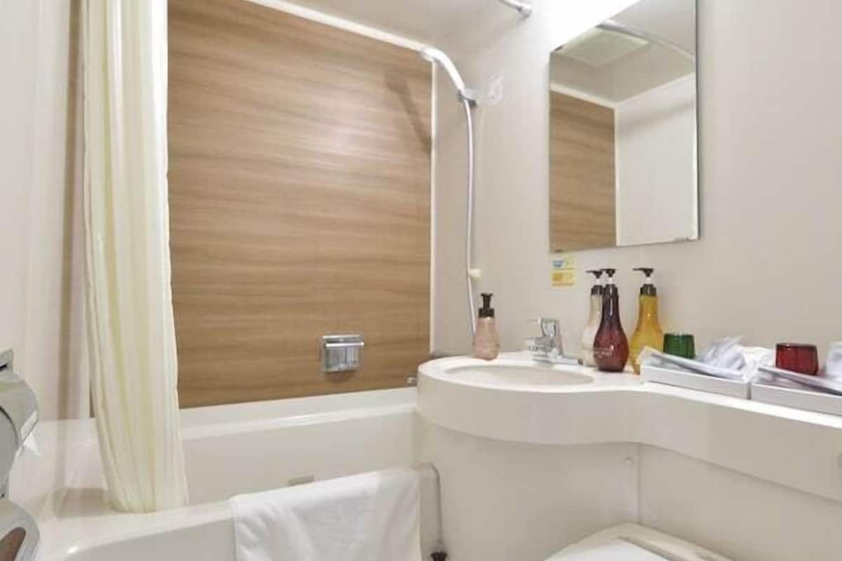 combined shower/bathtub, free toiletries, hair dryer, slippers