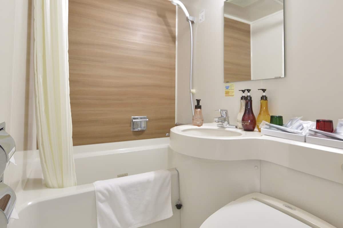 combined shower/bathtub, free toiletries, hair dryer, slippers