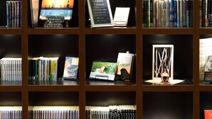Una prestatgeria amb diversos llibres i objectes decoratius.