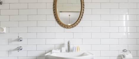 Un baño con un lavamanos blanco, un espejo con marco ornamentado y un dispensador de papel higiénico.