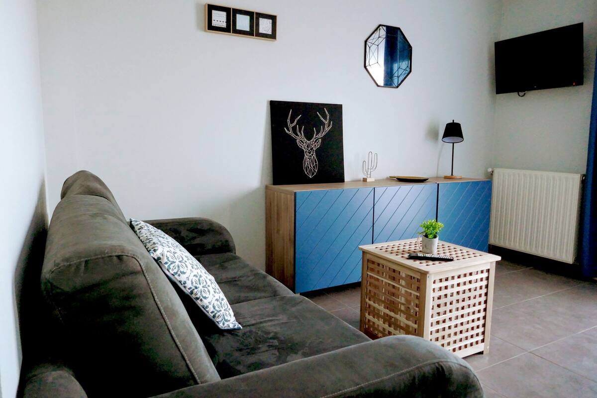 A living room with a sofa, a small table with a plant, a cabinet, and a wall-mounted TV.