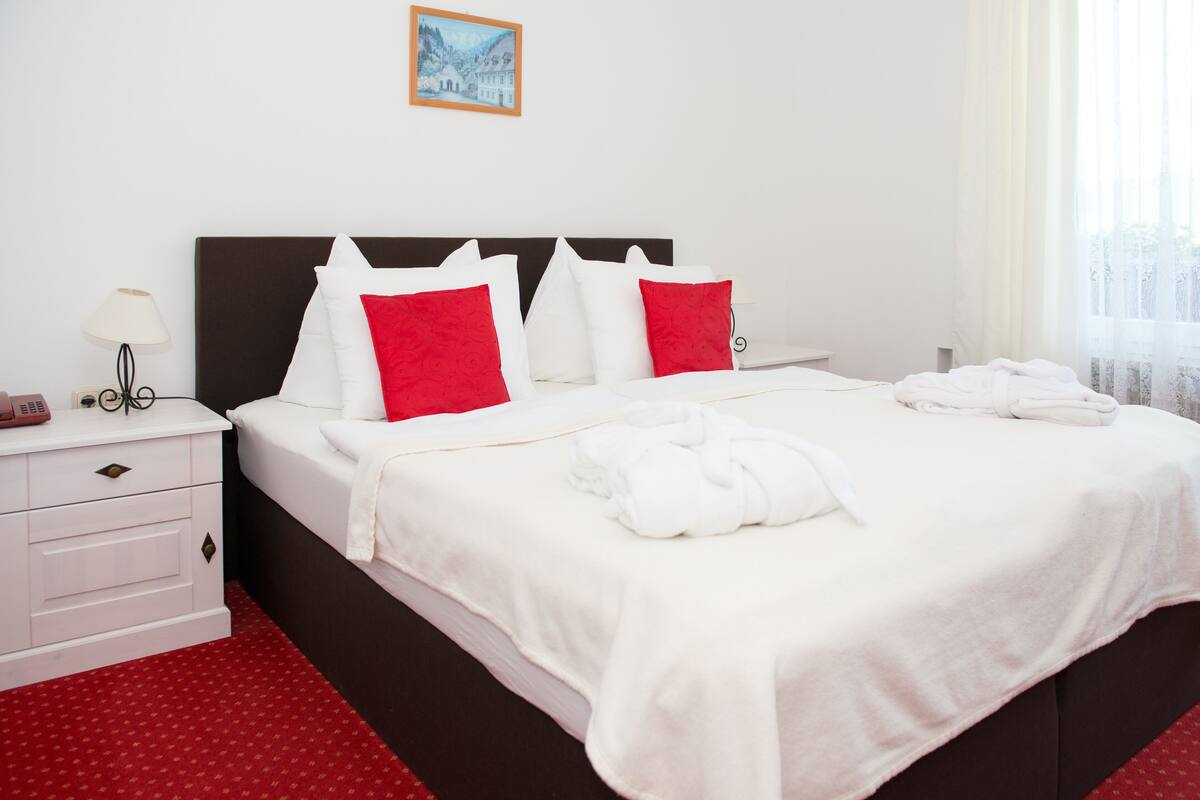 A hotel room with a large bed, white bedding, red pillows, a nightstand with a lamp, and a painting on the wall.