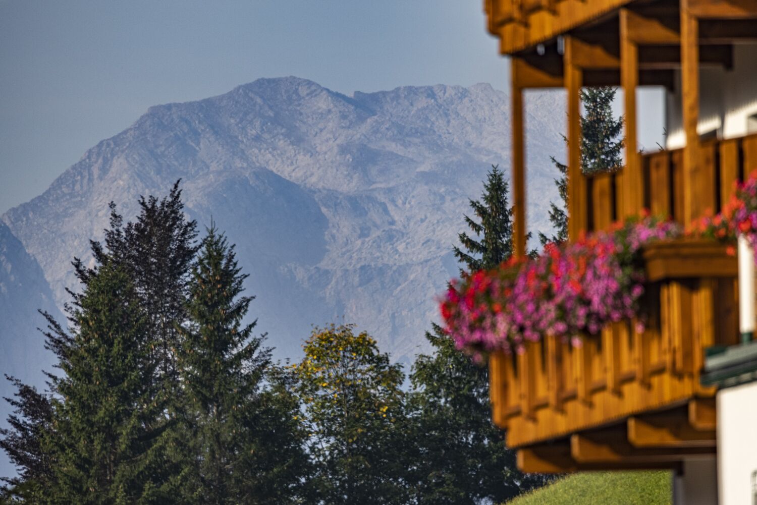 Blick auf die Berge mit einem Holzbalkon und Blumenkästen.