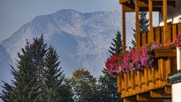 Blick auf die Berge mit einem Holzbalkon und Blumenkästen.