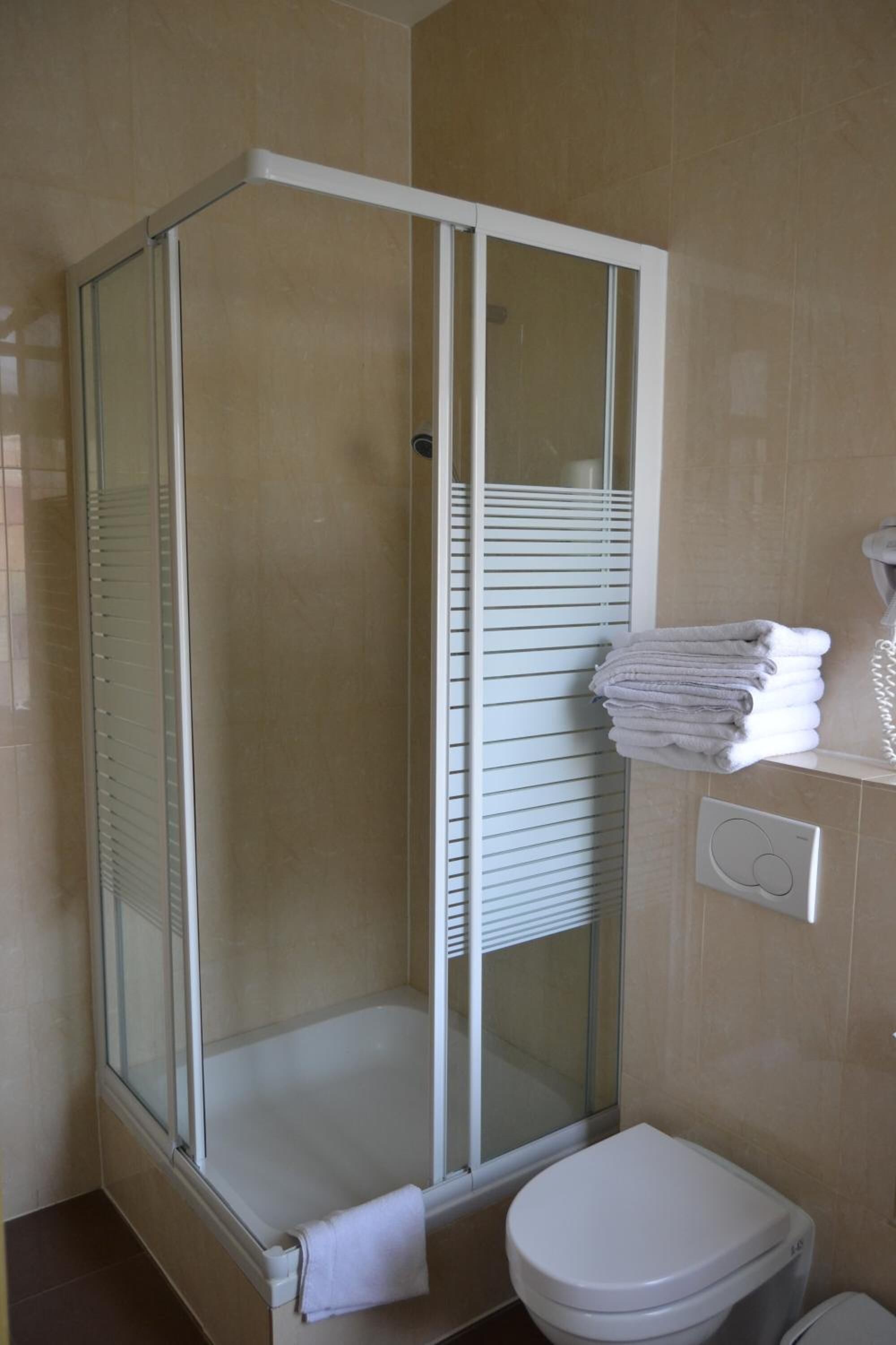 A bathroom with a glass-enclosed shower, a toilet, and a towel rack with folded towels.