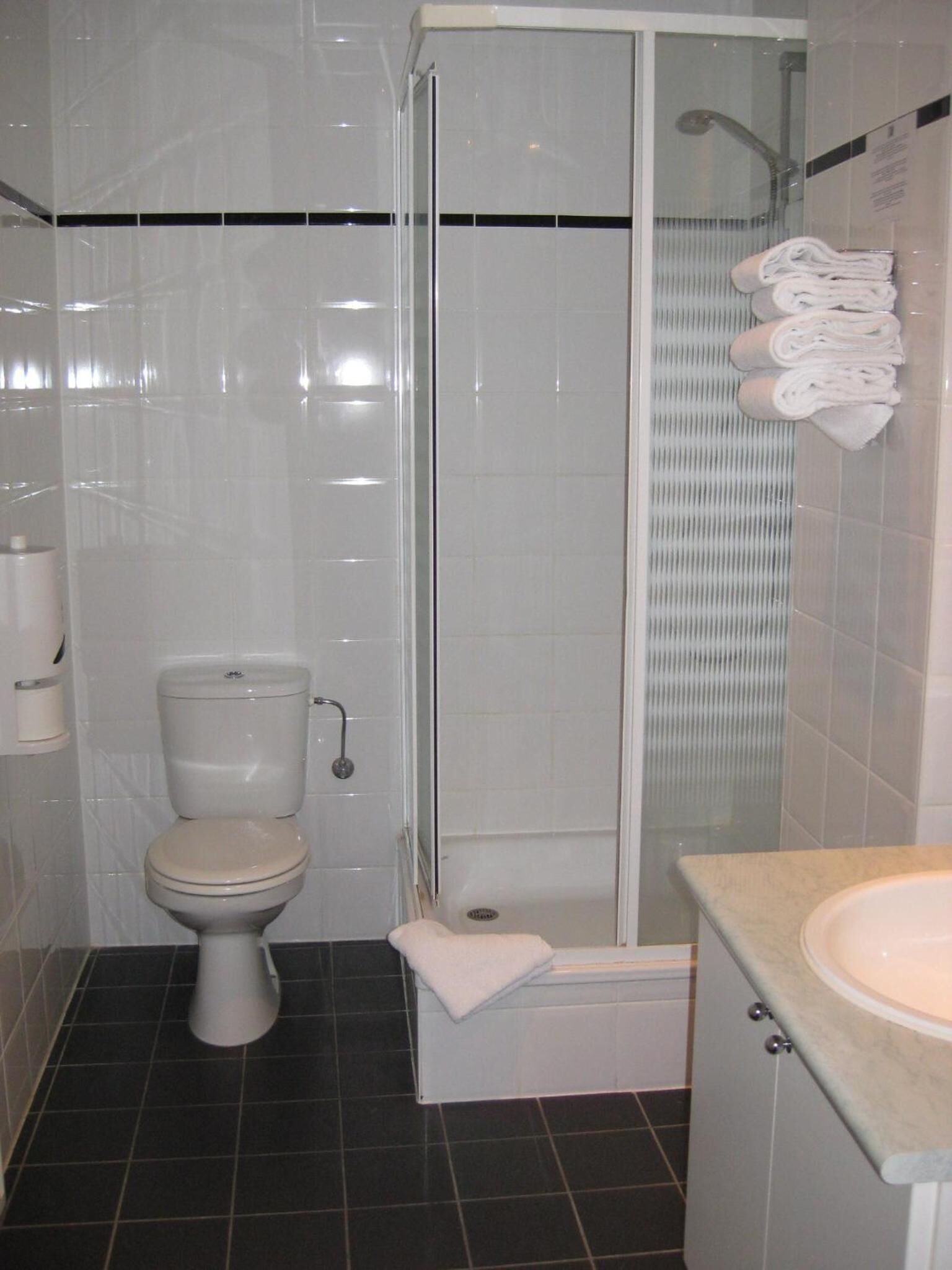 A bathroom with a toilet, a shower enclosure, and a sink.