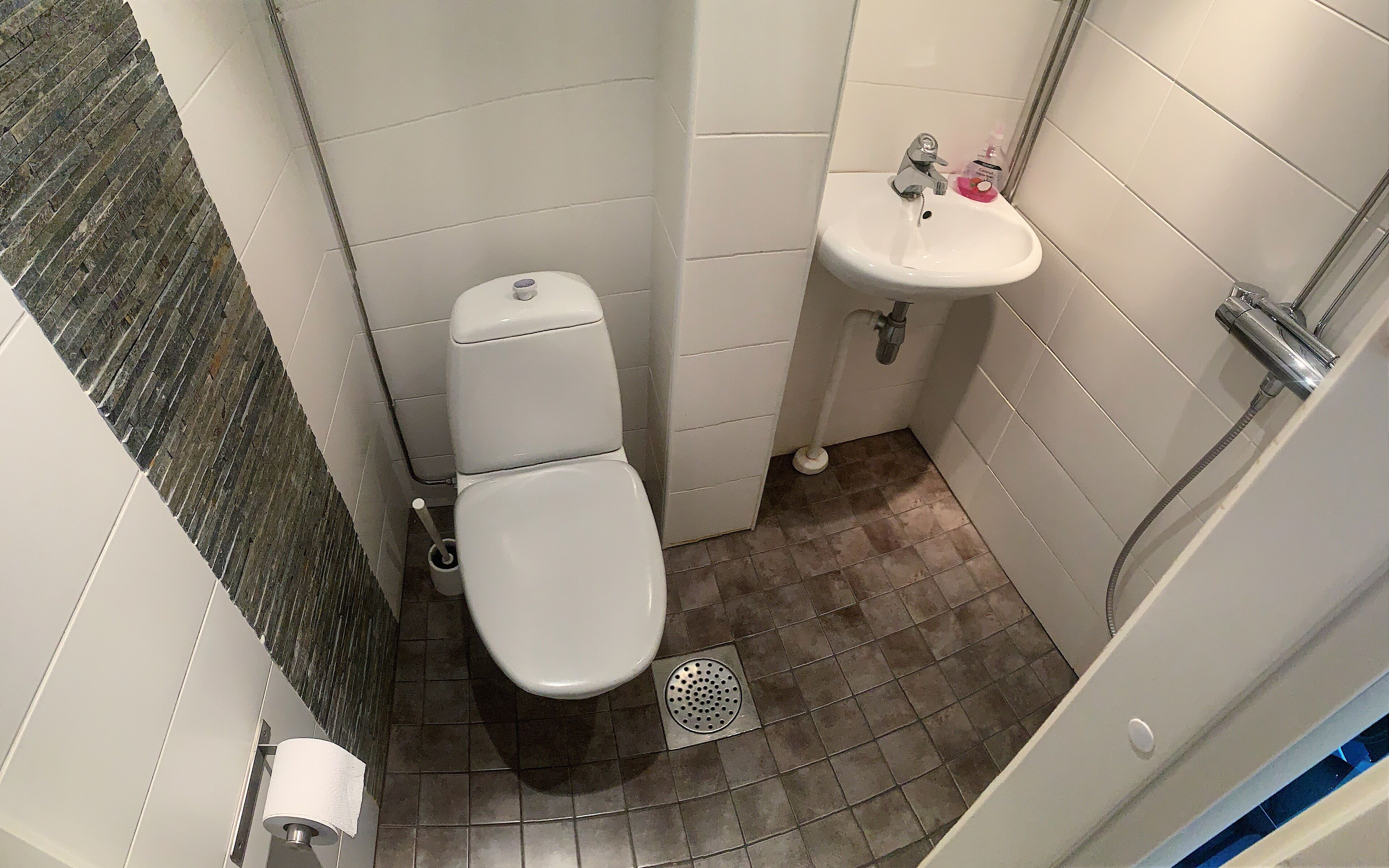 A bathroom with a toilet, sink, and shower.