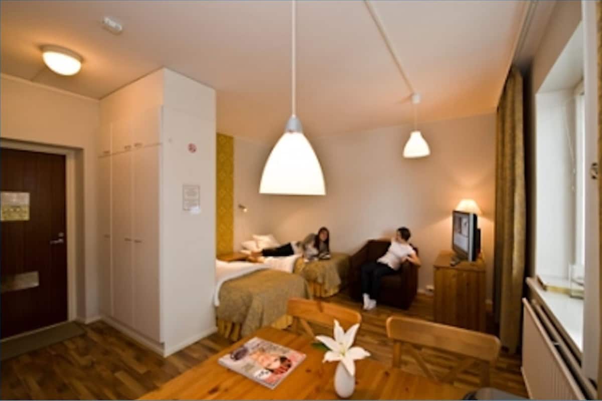 A hotel room with a bed, a desk, a chair, a table, and a window.