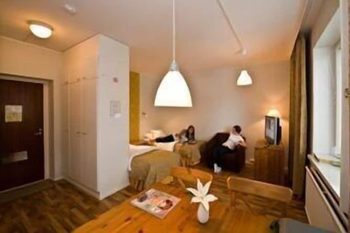 A compact hotel room with a bed, a small seating area, a wooden floor, and a window.