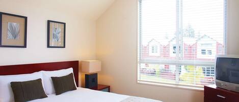 A hotel room with a large bed, a TV, a lamp, and a window with a view of houses.