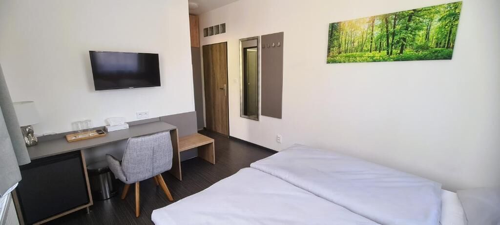 A hotel room with a bed, a desk with a chair, a television, and a painting of a forest.