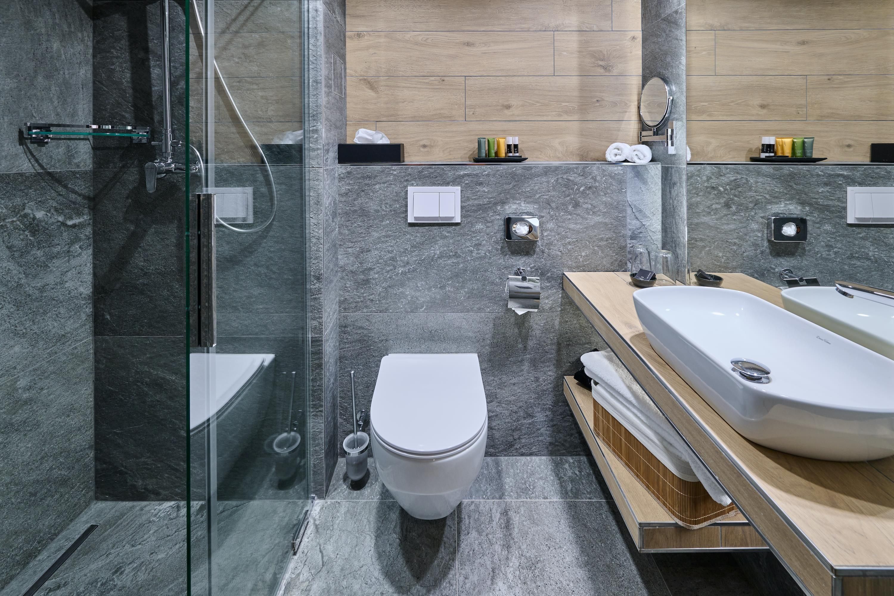 A modern bathroom with a glass-enclosed shower, a toilet, and a large sink.