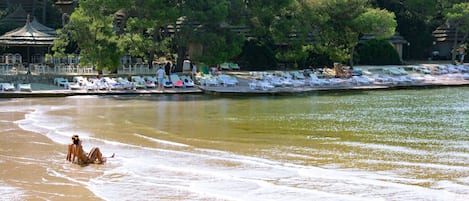 A beach with lounge chairs and umbrellas, a tree-lined area, and a thatched-roof structure.
