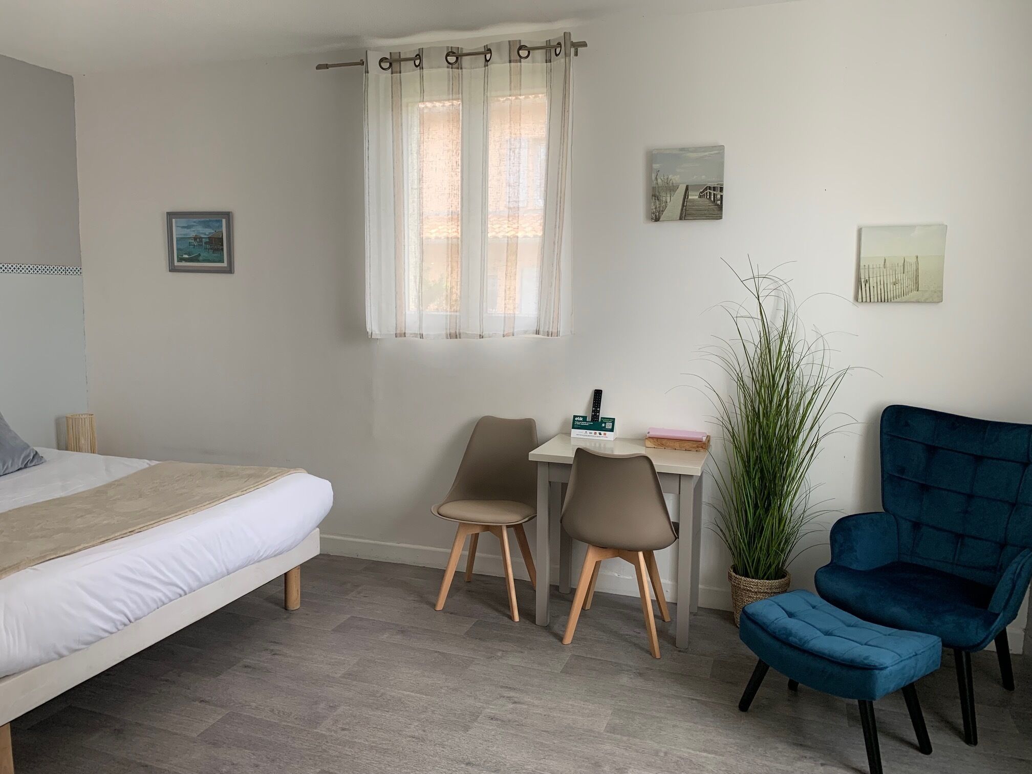 Una habitación con una cama, un escritorio, dos sillas y una planta en maceta.