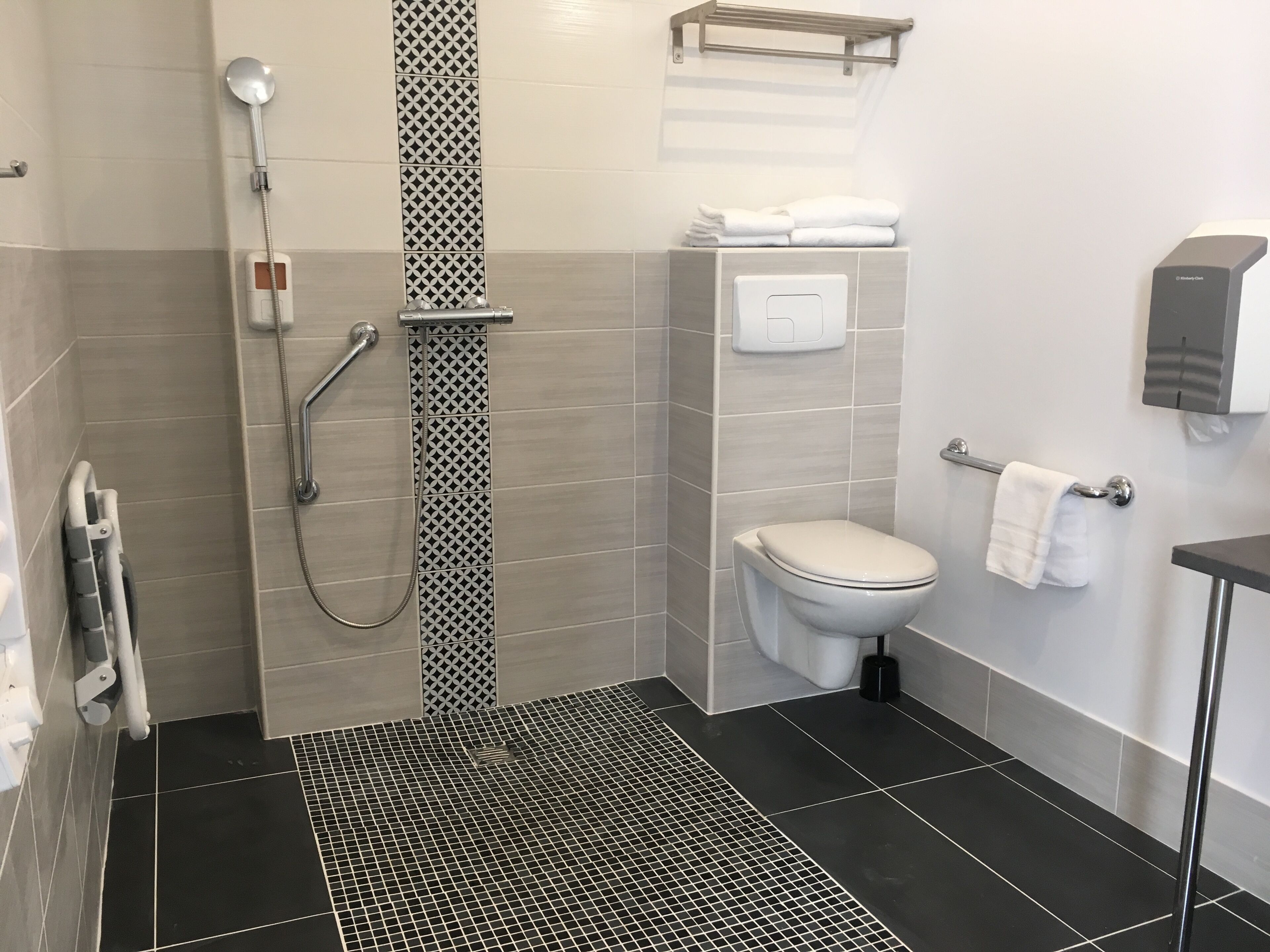 A modern bathroom with a shower, toilet, and towel rack.