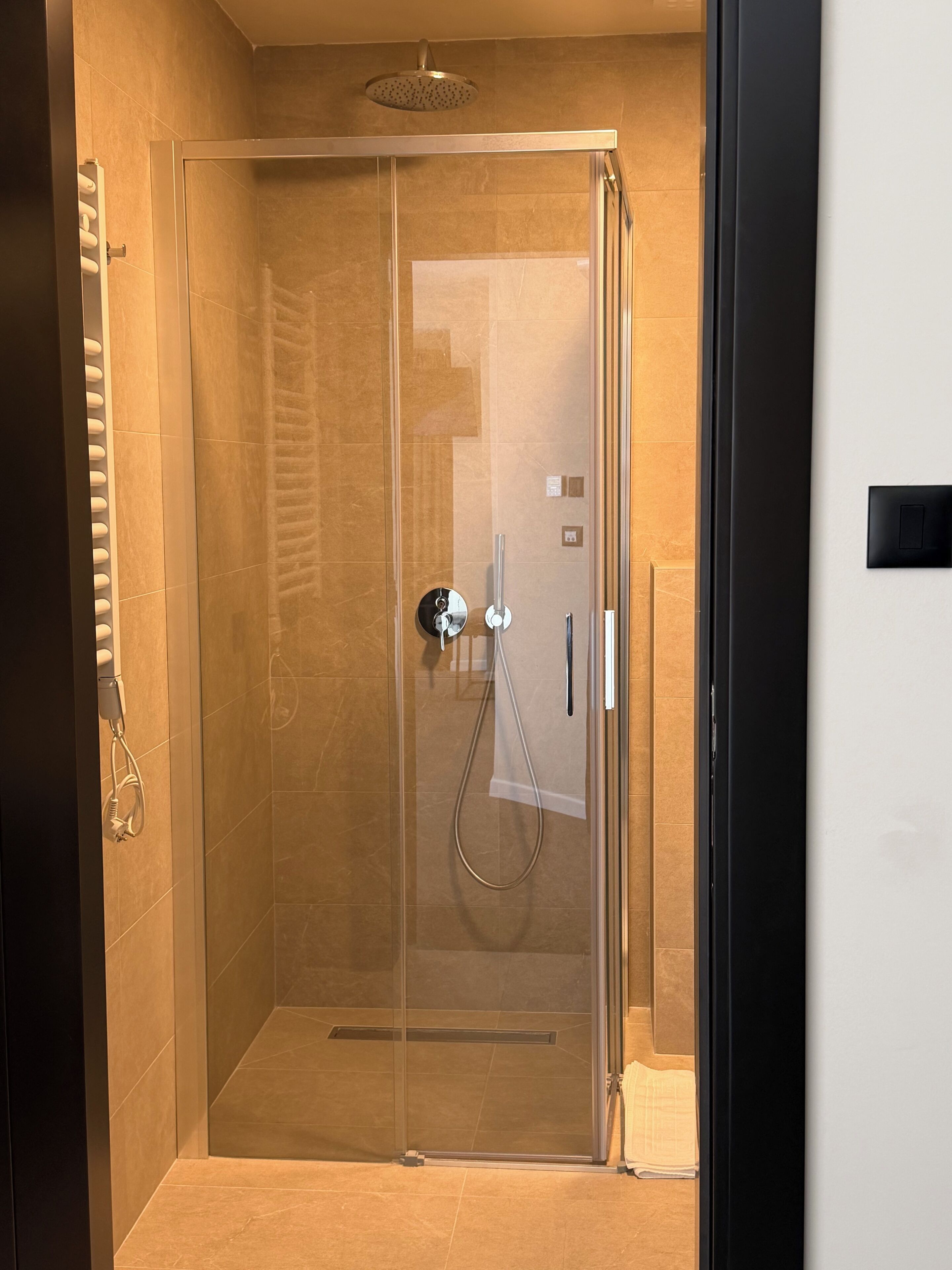 A glass-enclosed shower with a handheld showerhead, a control panel, and a towel rack.