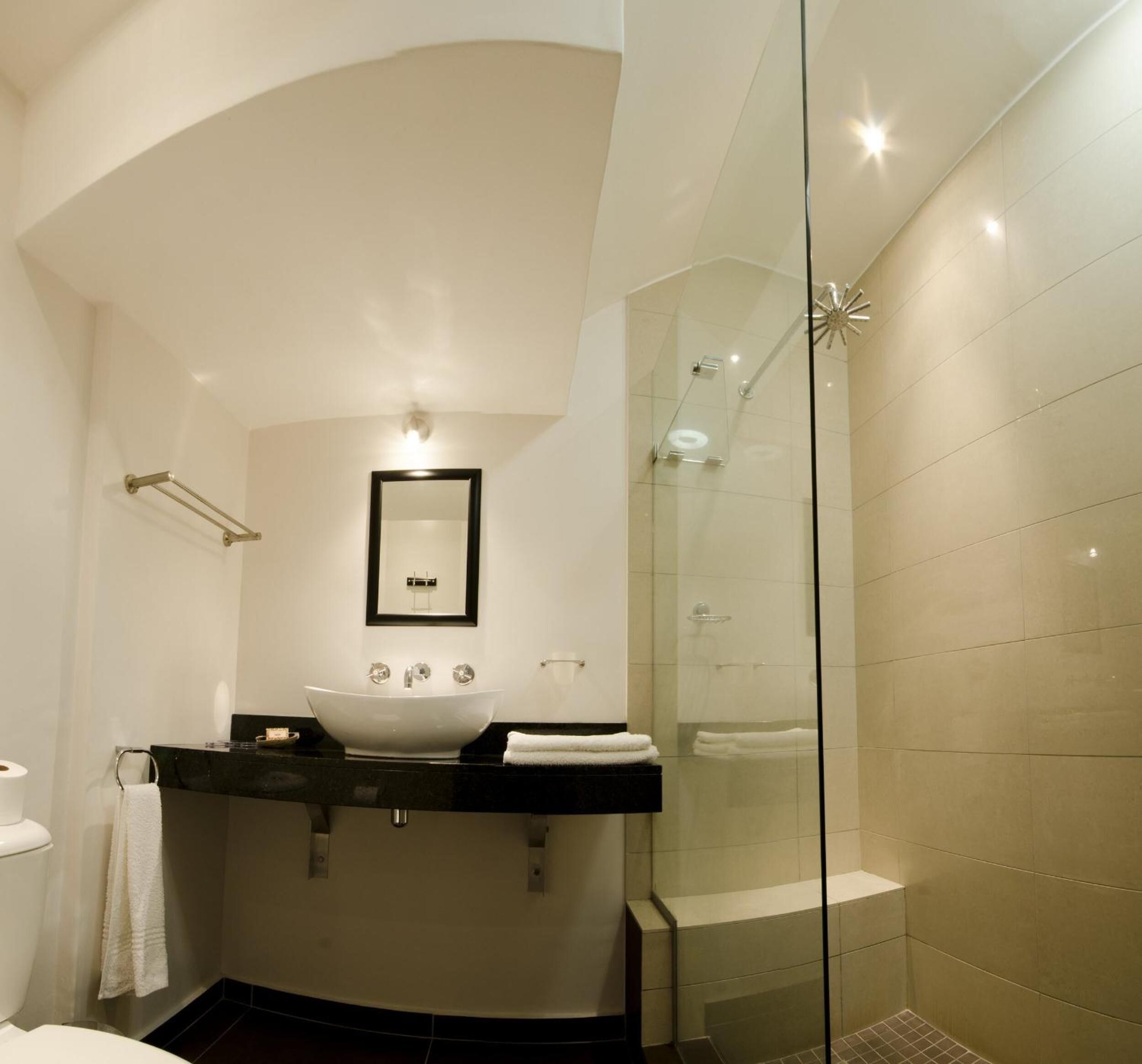 A modern bathroom with a large white sink, a glass shower enclosure, and a curved ceiling.