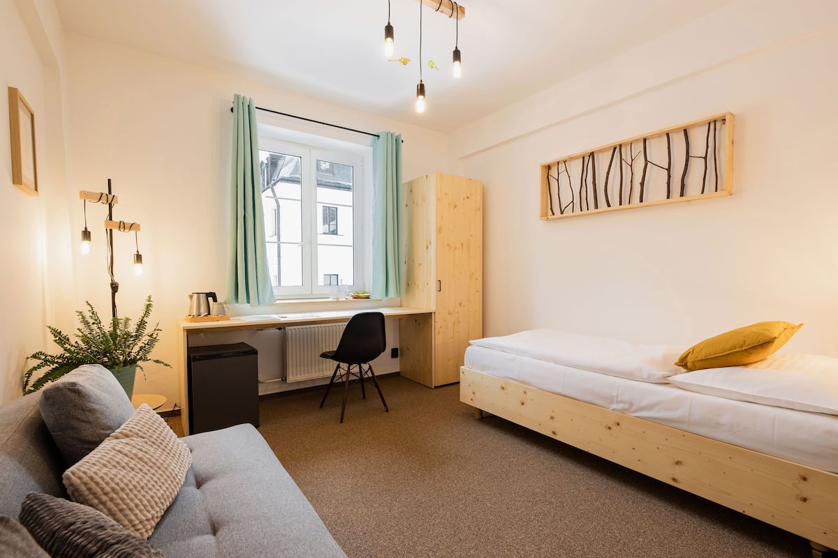A bedroom with a bed, a desk, a chair, a radiator, a window with curtains, and a plant.
