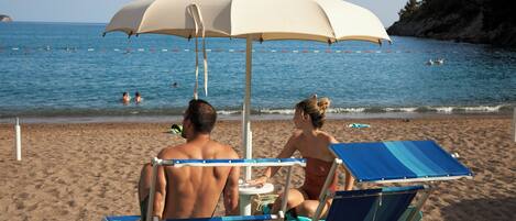 Two people sitting under a beach umbrella on a sandy beach with the sea in the background.