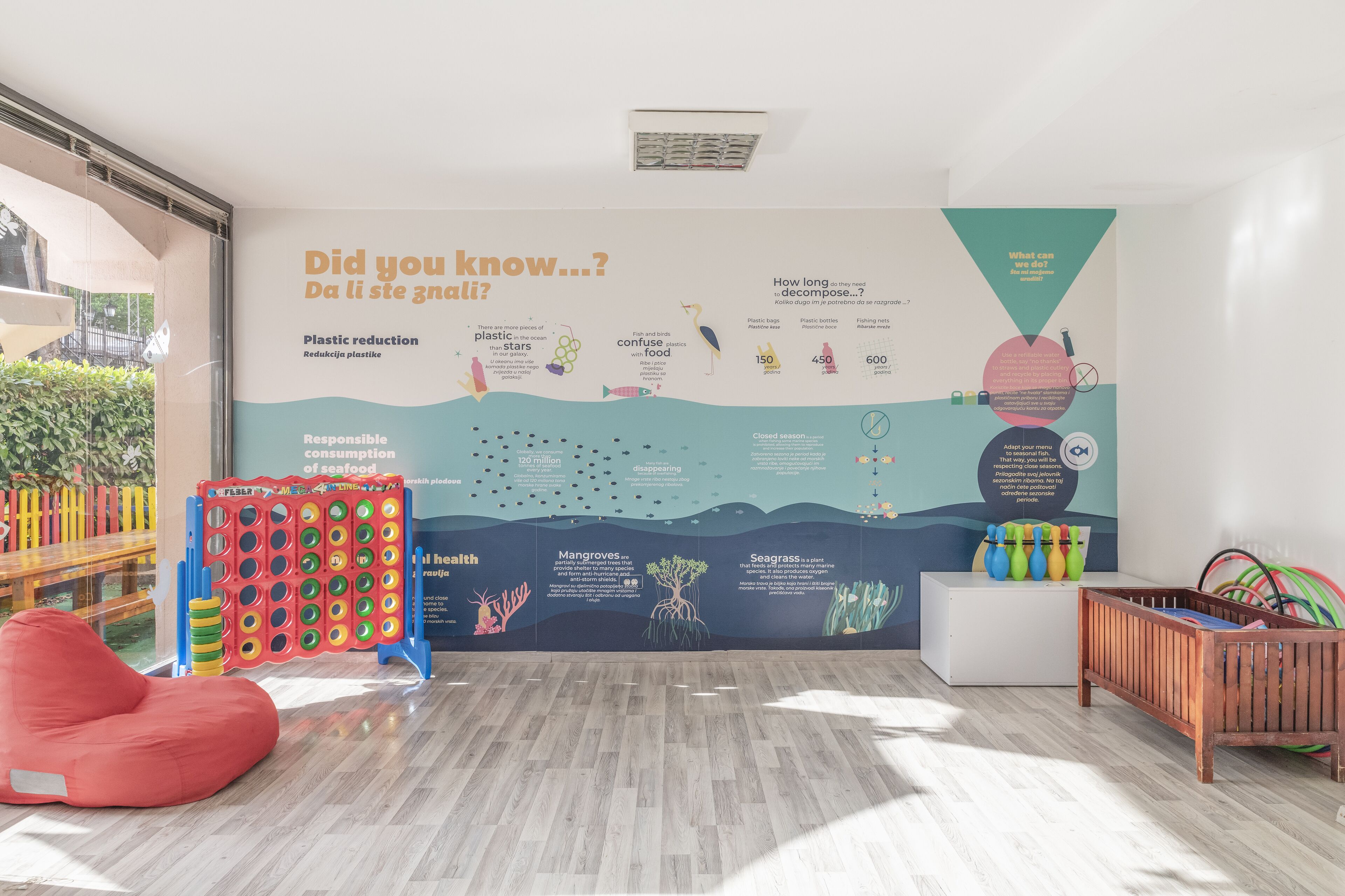 A room with a large educational mural on the wall, a red bean bag chair, and a wooden playhouse.