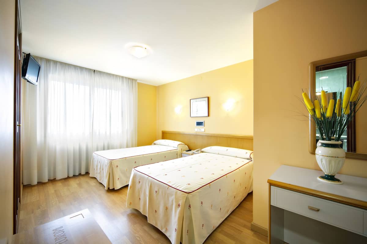 Habitación de hotel con dos camas, una mesita de noche, un espejo, un jarrón con flores y un televisor en la pared.