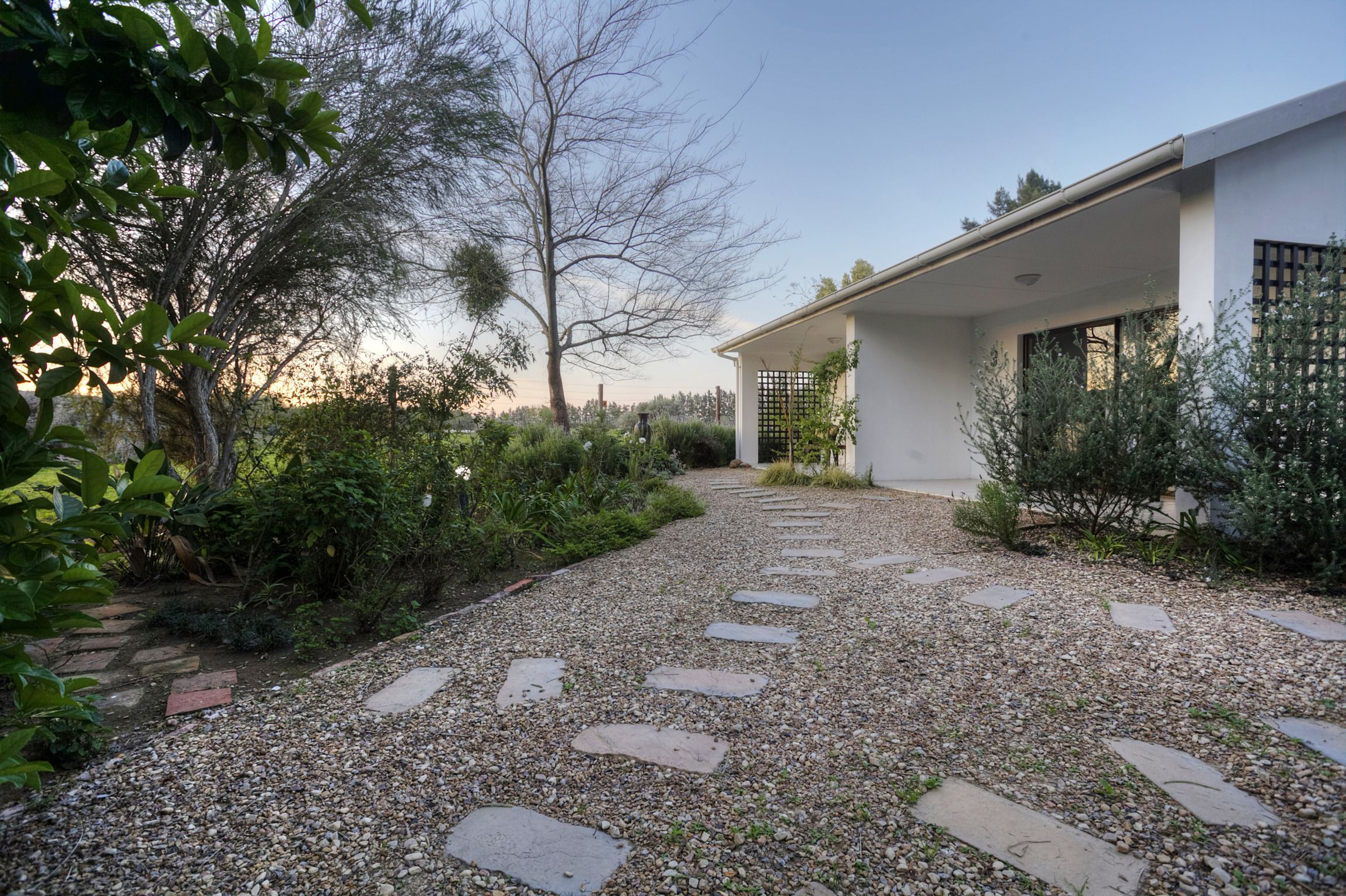 A pathway leading to a modern building with a white exterior, surrounded by greenery and a gravel path.
