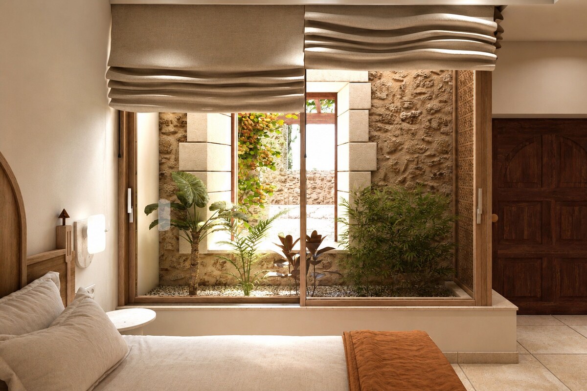 Un dormitorio con una cama grande, una ventana que da a un muro de piedra y plantas, y una puerta de madera.