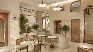 A modern interior with round tables and wicker chairs, a seating area with a cushioned bench, and a large wooden door. - Pepi Boutique Hotel - Adults Only (Rethymno)