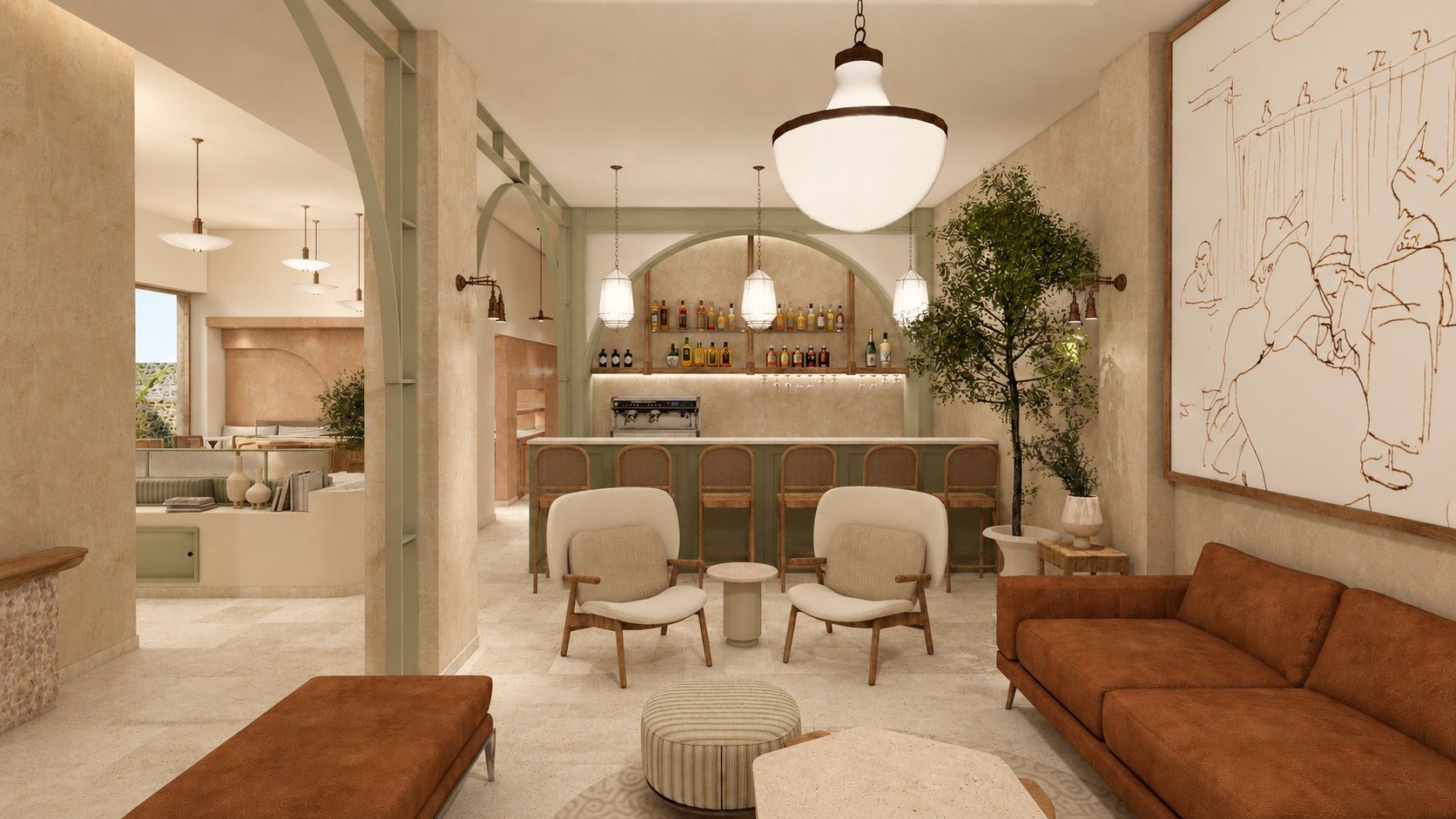 Una sala de estar moderna con área de bar, que incluye sofás, sillones y una obra de arte grande en la pared.