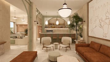 Una sala de estar moderna con área de bar, que incluye sofás, sillones y una obra de arte grande en la pared.