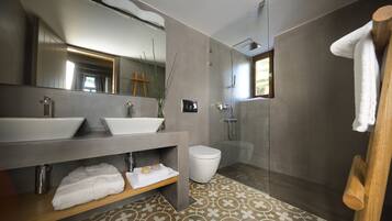 A modern bathroom with two sinks, a toilet, and a shower.