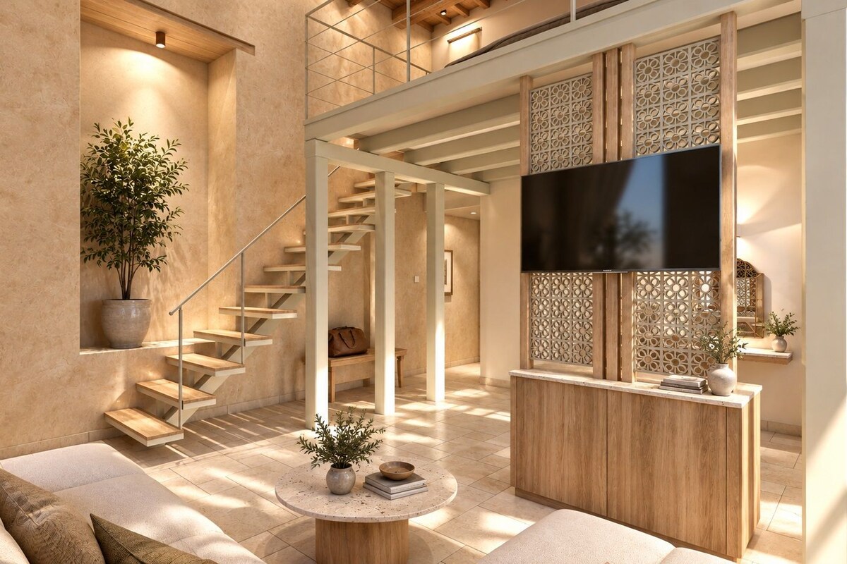 Un interior moderno con una escalera, una recepción y un televisor de pantalla plana.