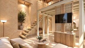A modern interior with a staircase, a reception desk, and a flat-screen TV. - Pepi Boutique Hotel - Adults Only (Rethymno)