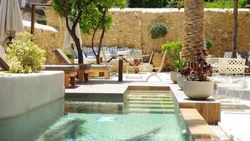 Outdoor pool, pool umbrellas, pool loungers