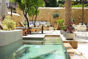Outdoor pool, pool umbrellas, pool loungers