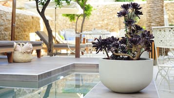Una piscina al aire libre, sombrillas, sillones reclinables de piscina