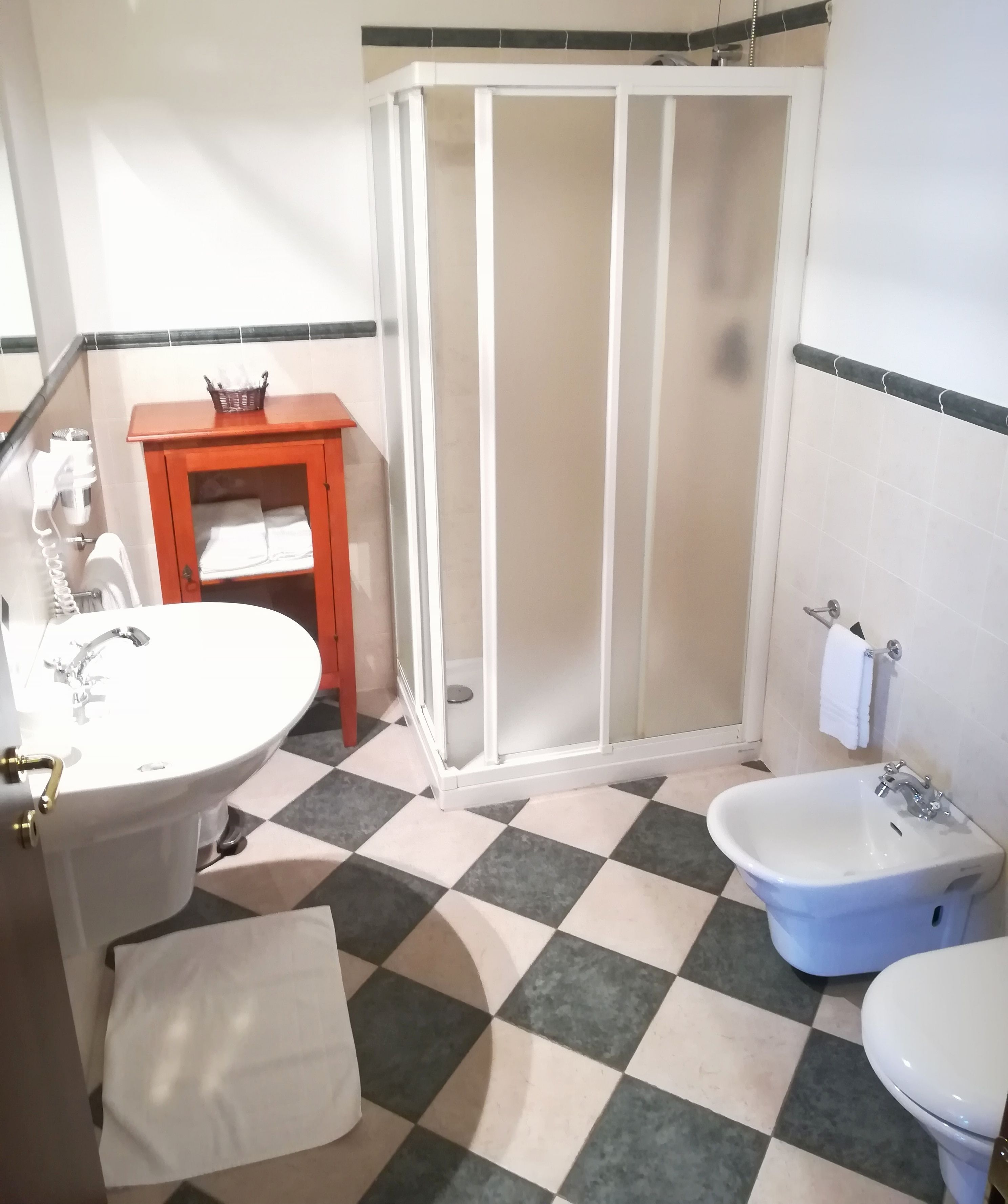 A bathroom with a sink, bidet, and shower.