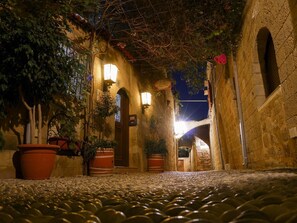 A cobblestone alleyway with stone walls, potted plants, and illuminated signs.