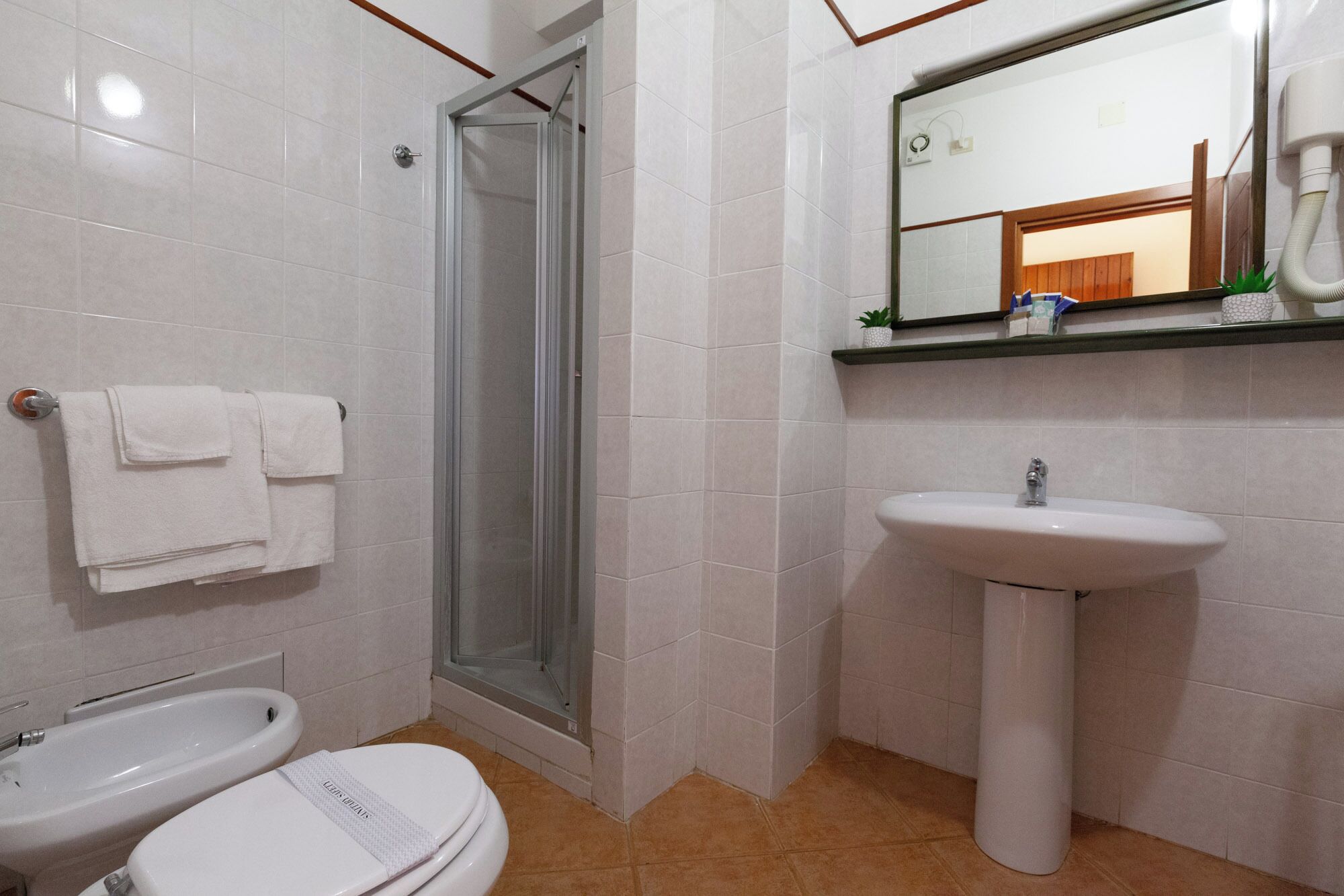 A bathroom with a shower, bidet, sink, and toilet.